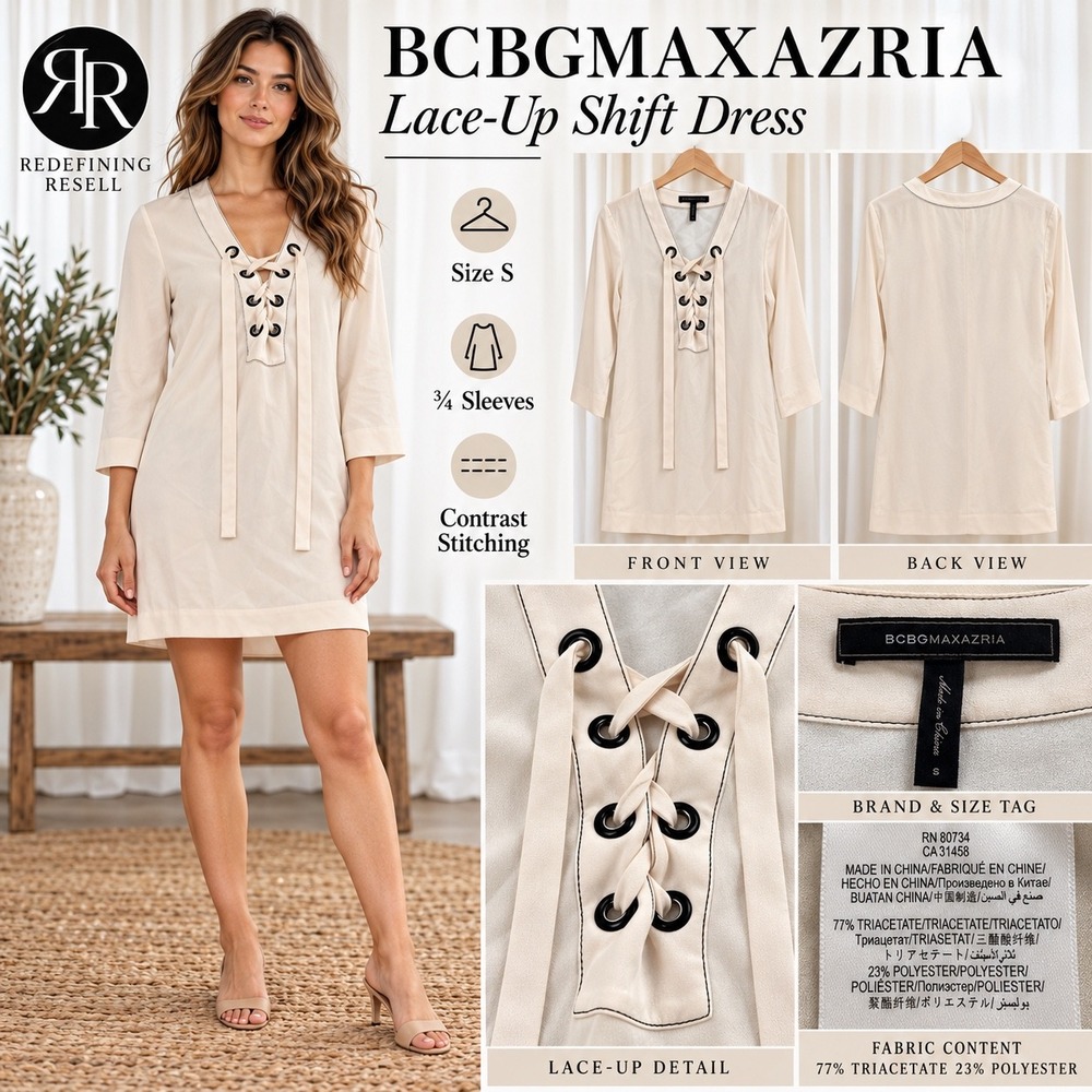 BCBGMAXAZRIA Cream Lace-Up Shift Dress 3/4 Sleeve Contrast Stitch Size S